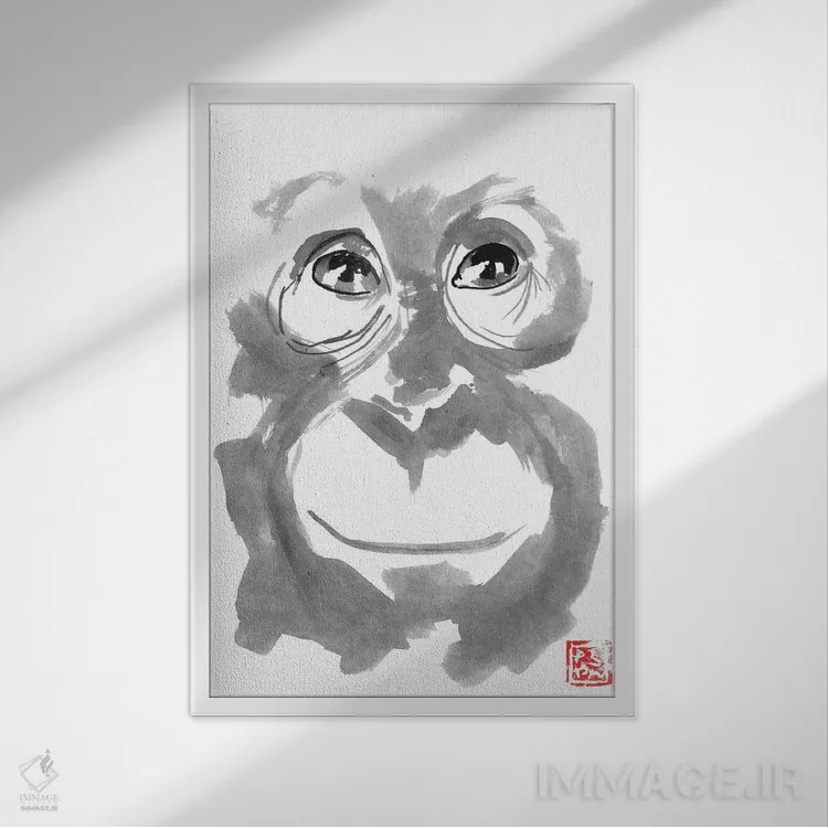 تابلو دکوراتیو اورانگوتان خندان اثر پشان - نمای قابدار سفید