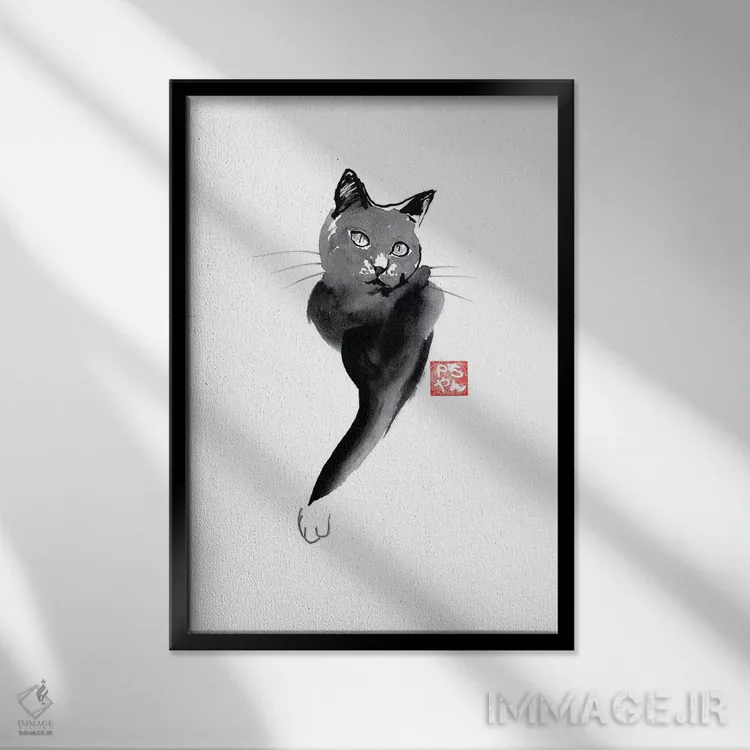 تابلو دکوراتیو خط گربه ای اثر پشان - نمای قابدار مشکی
