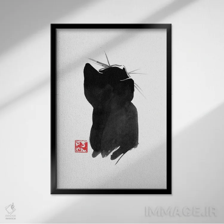 تابلو مینیمال پشت گربه ۲ اثر پشان - نمای قابدار مشکی