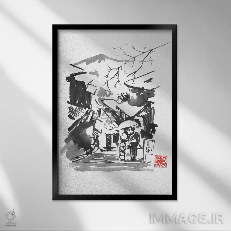 تابلو دکوراتیو کوه فوجی در برف اثر پشان - نمای قابدار مشکی
