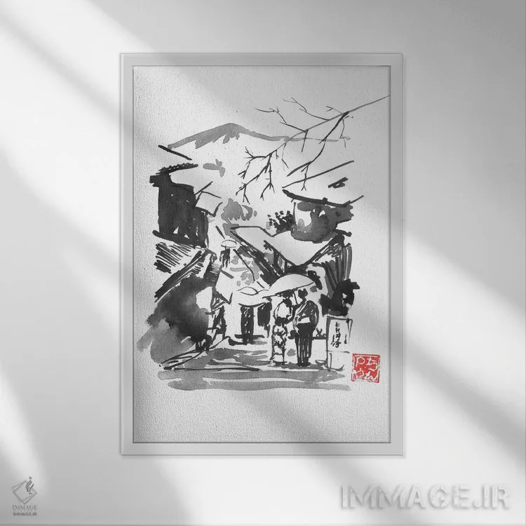 تابلو دکوراتیو کوه فوجی در برف اثر پشان - نمای قابدار سفید