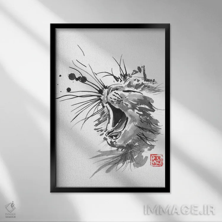 تابلو دکوراتیو گربه در حال خمیازه اثر پشان - نمای قابدار مشکی