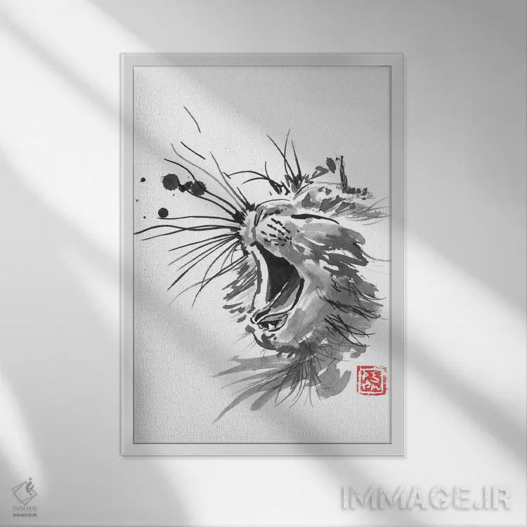 تابلو دکوراتیو گربه در حال خمیازه اثر پشان - نمای قابدار سفید
