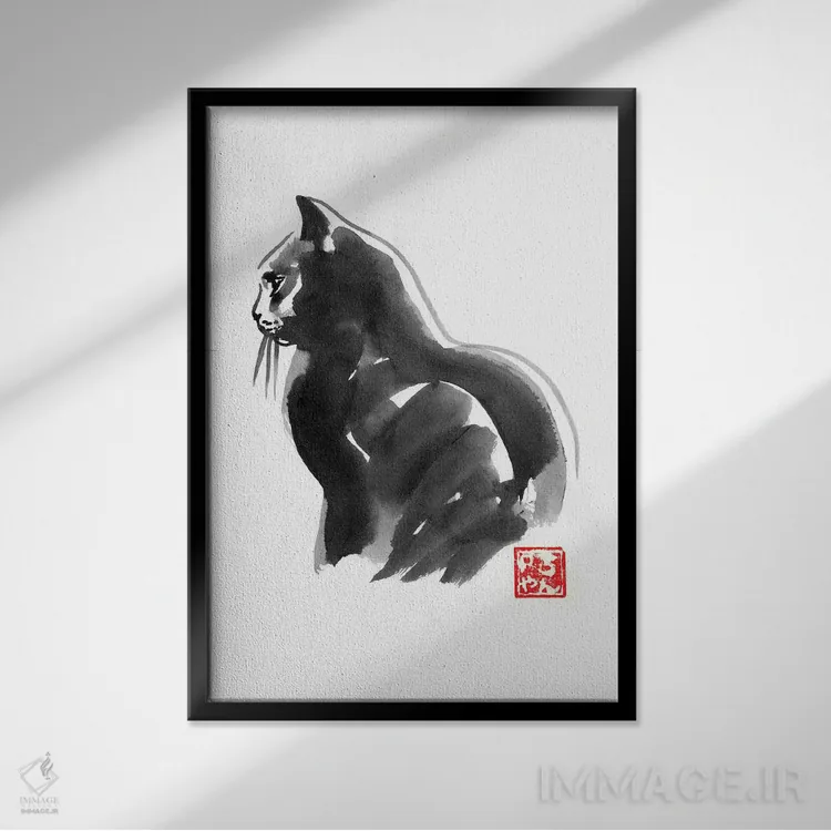 تابلو دکوراتیو گربه در نمای جانبی اثر پشان - نمای قابدار مشکی