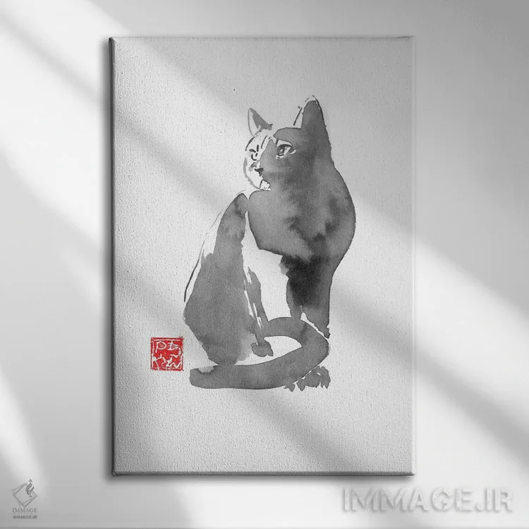 تابلو دکوراتیو گربه خاکستری اثر پشان - نمای روبهرو روی دیوار