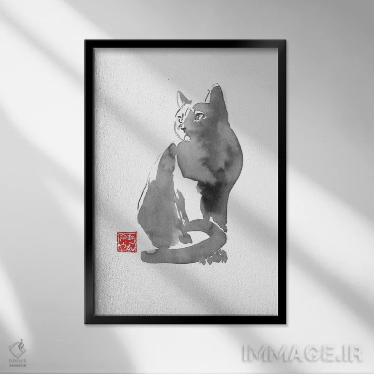 تابلو دکوراتیو گربه خاکستری اثر پشان - نمای قابدار مشکی