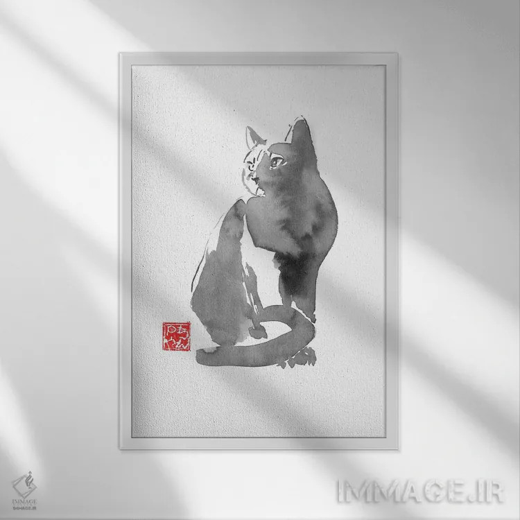 تابلو دکوراتیو گربه خاکستری اثر پشان - نمای قابدار سفید