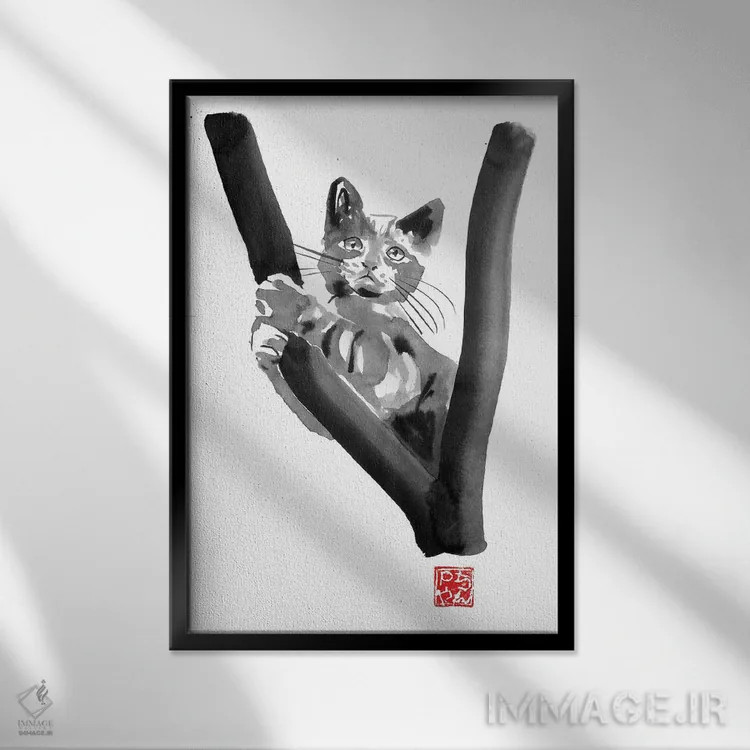 تابلو دکوراتیو گربه در درخت اثر پشان - نمای قابدار مشکی