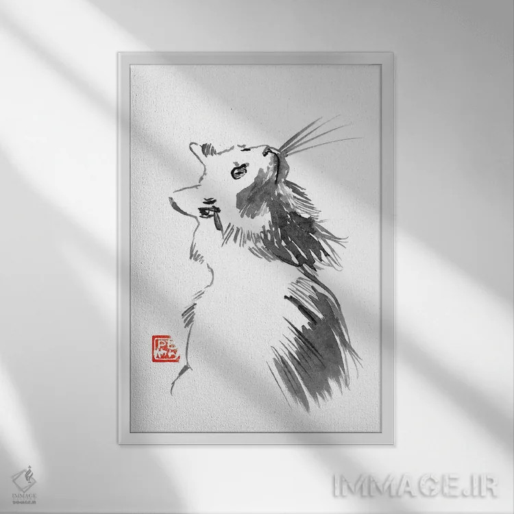 تابلو دکوراتیو گربه سفید اثر پشان - نمای قابدار سفید