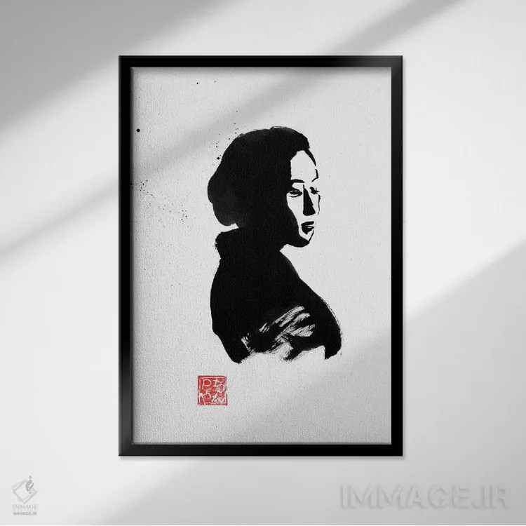 تابلو دکوراتیو گیشا در لباس سیاه اثر پشان - نمای قابدار مشکی