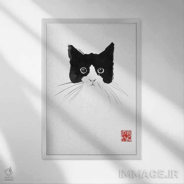 تابلو دکوراتیو سر گربه اثر پشان - نمای قابدار سفید