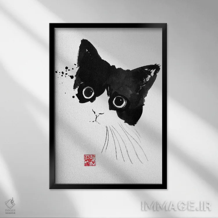تابلو دکوراتیو گربه بازیگوش اثر پشان - نمای قابدار مشکی