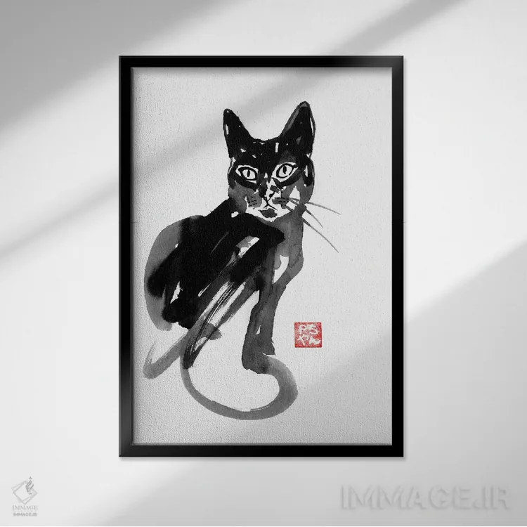 تابلو دکوراتیو گربه چینی اثر پشان - نمای قابدار مشکی