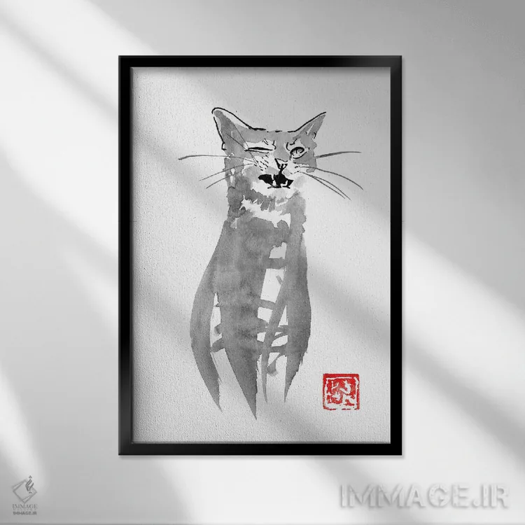 تابلو دکوراتیو گربه چشمک زن اثر پشان - نمای قابدار مشکی