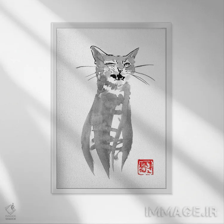 تابلو دکوراتیو گربه چشمک زن اثر پشان - نمای قابدار سفید