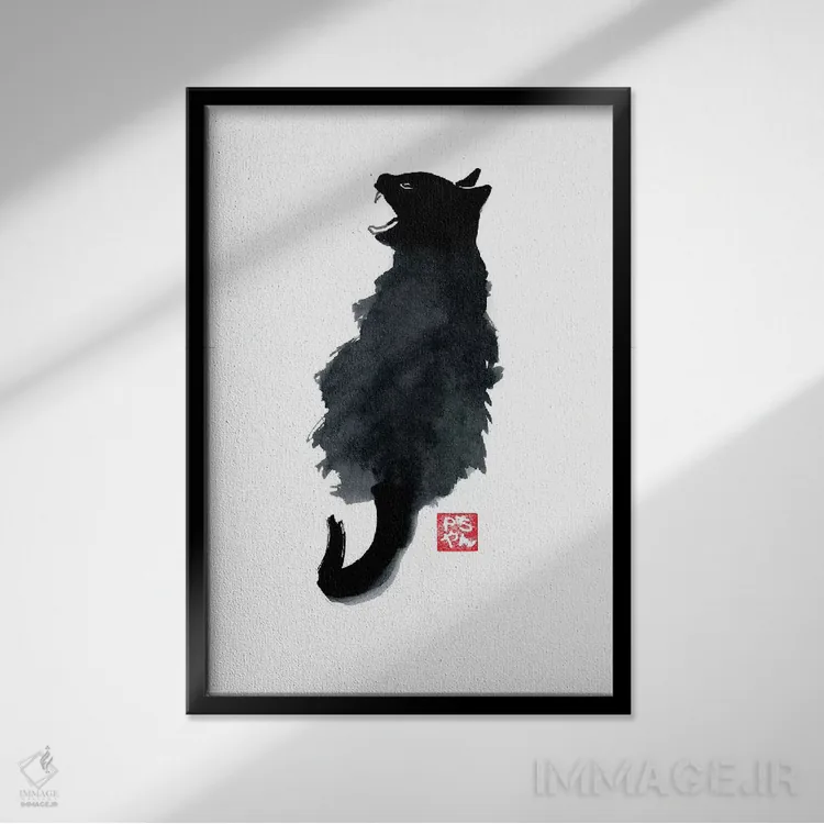 تابلو مینیمال گربه گریه کنان اثر پشان - نمای قابدار مشکی