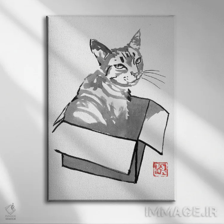 تابلو دکوراتیو گربه در جعبه اثر پشان - نمای روبهرو روی دیوار