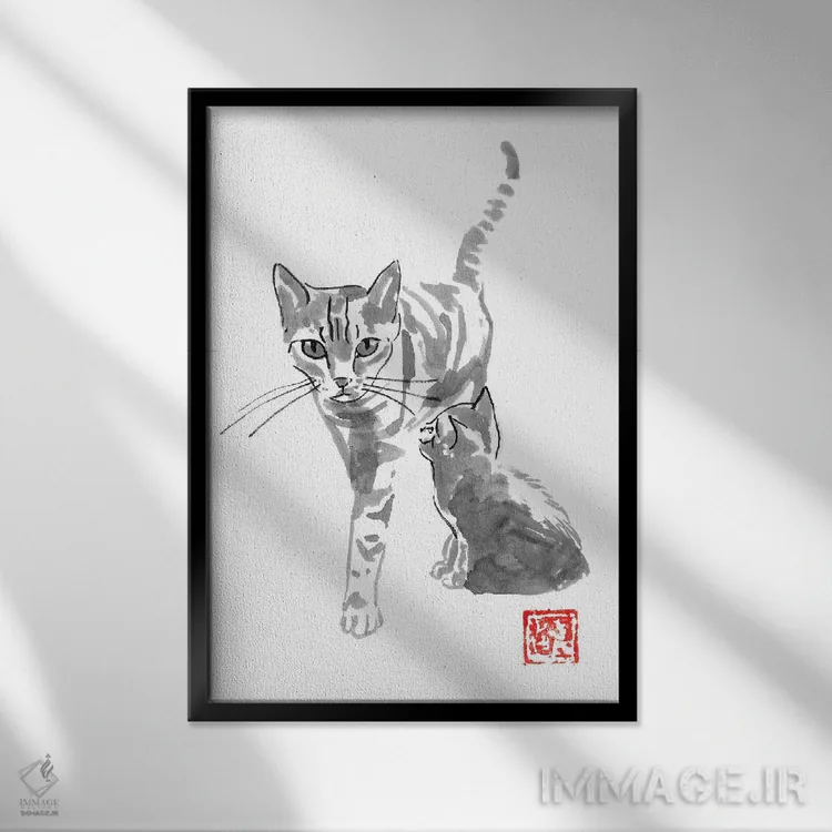 تابلو دکوراتیو گربه و مادر اثر پشان - نمای قابدار مشکی