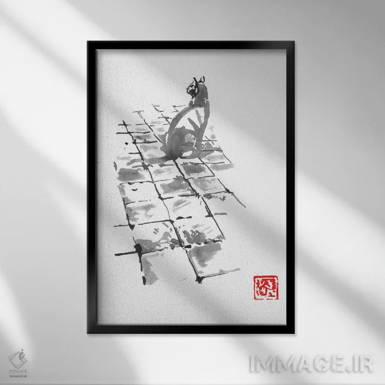 تابلو دکوراتیو گربه روی پیاده رو اثر پشان - نمای قابدار مشکی