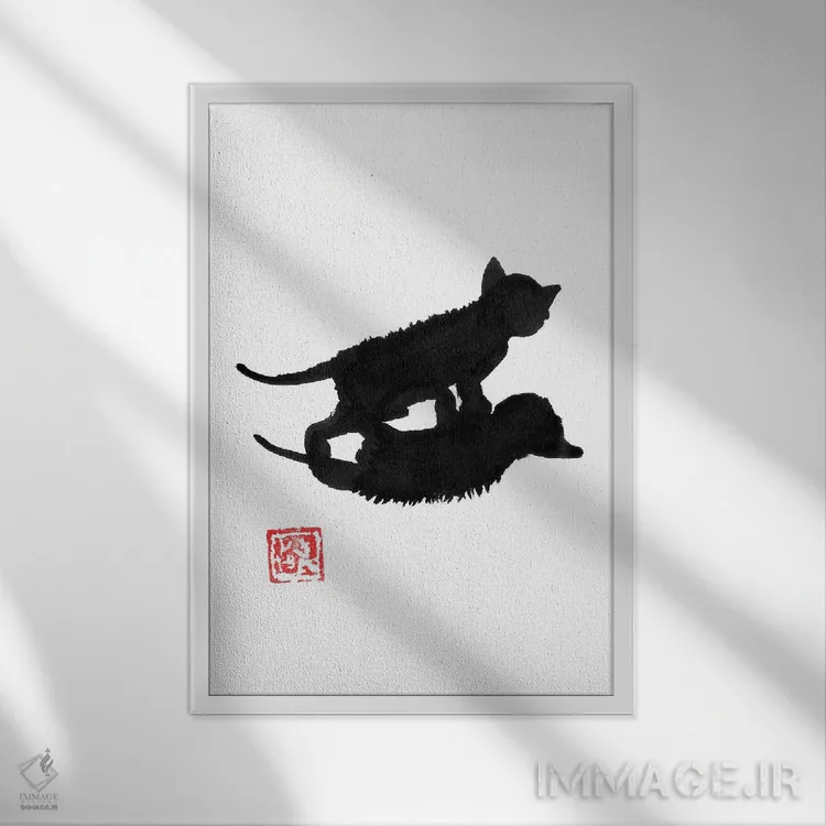تابلو دکوراتیو سایه گربه اثر پشان - نمای قابدار سفید