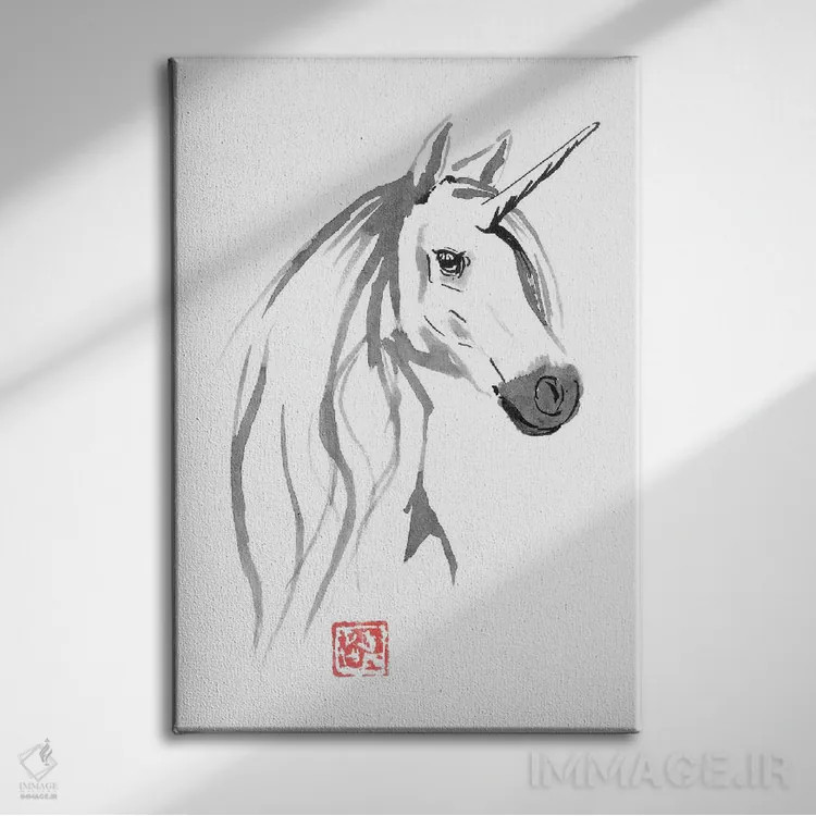 تابلو دکوراتیو اسب تک شاخ برای فروش اثر پشان - نمای روبهرو روی دیوار