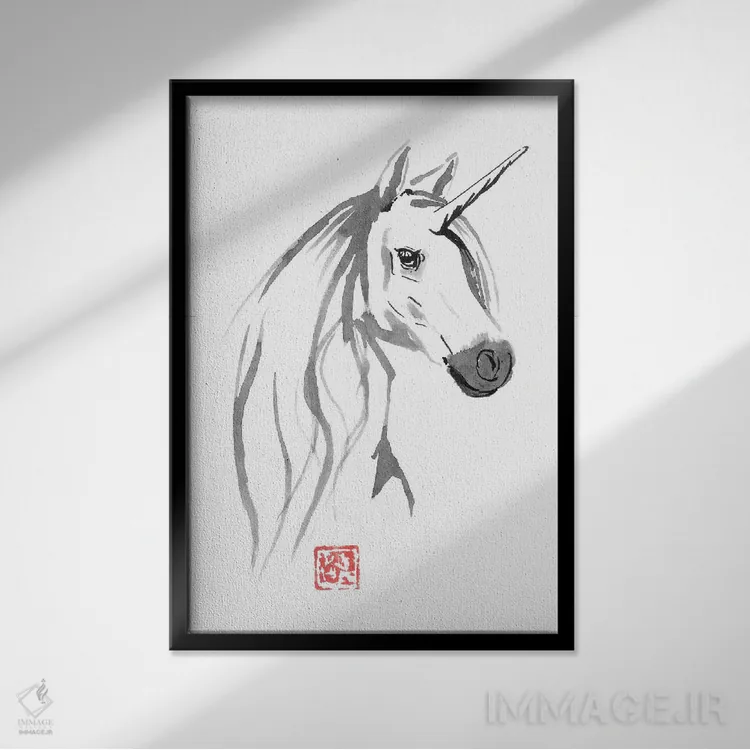 تابلو دکوراتیو اسب تک شاخ برای فروش اثر پشان - نمای قابدار مشکی