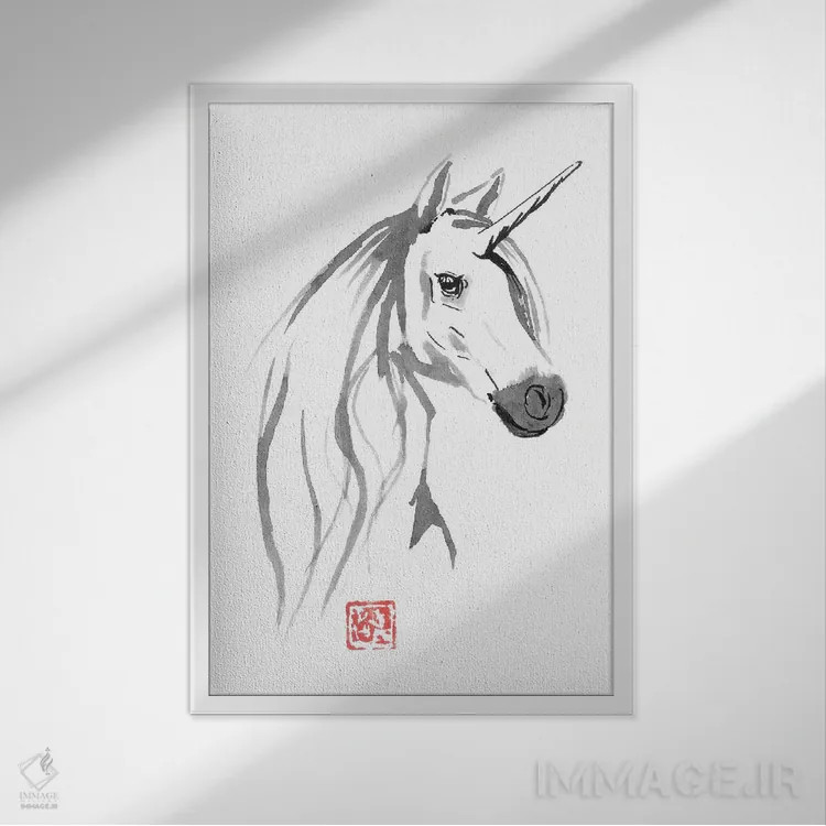 تابلو دکوراتیو اسب تک شاخ برای فروش اثر پشان - نمای قابدار سفید