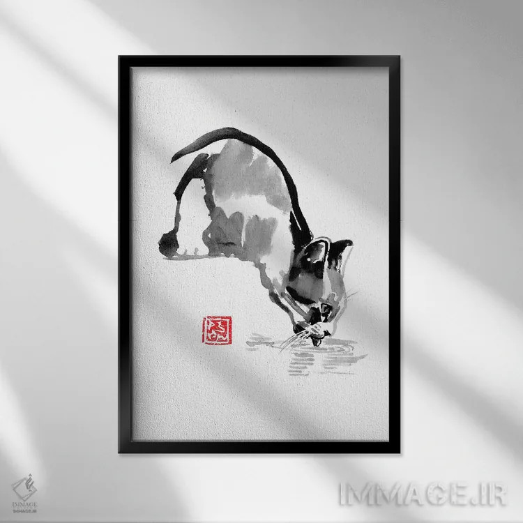 تابلو دکوراتیو گربه در حال نوشیدن اثر پشان - نمای قابدار مشکی