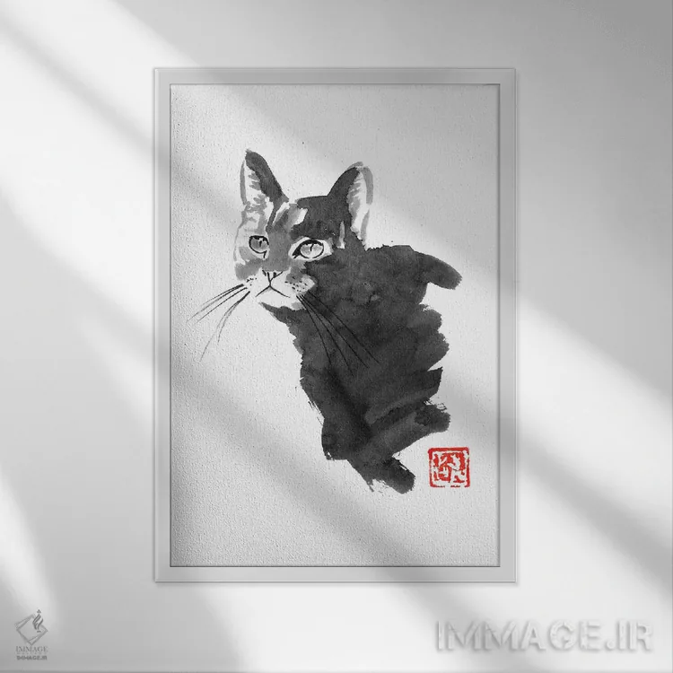 تابلو دکوراتیو گربه خیره اثر پشان - نمای قابدار سفید