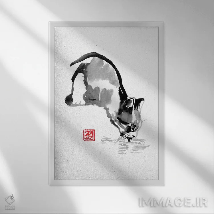 تابلو دکوراتیو گربه در حال نوشیدن اثر پشان - نمای قابدار سفید