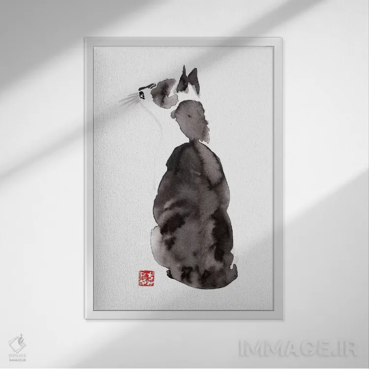 تابلو دکوراتیو گربه خیال پرداز اثر پشان - نمای قابدار سفید