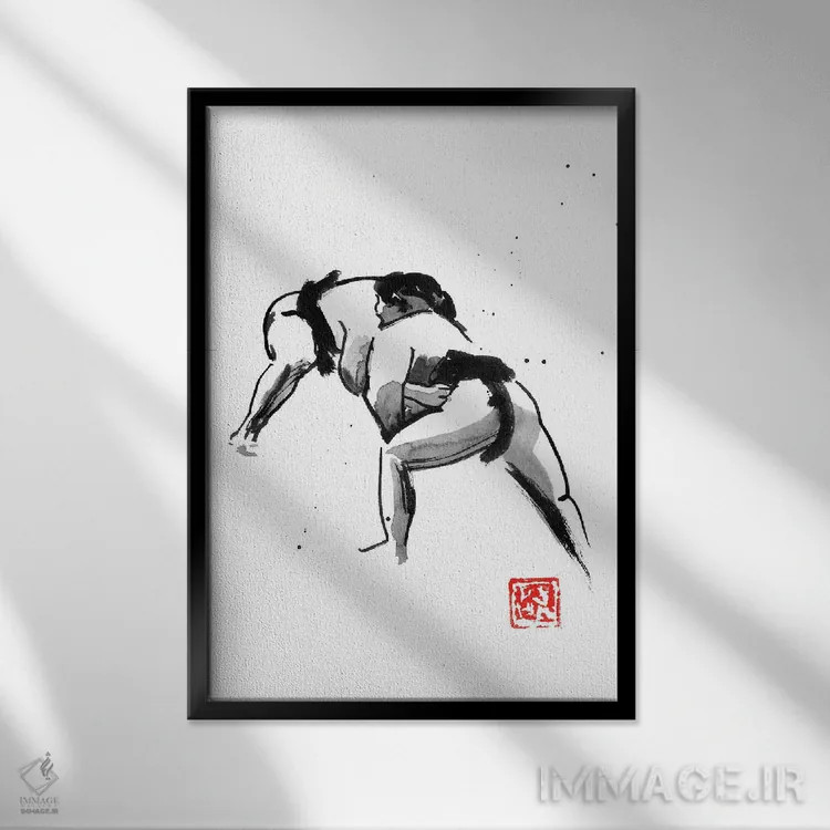 تابلو دکوراتیو کشتی گیر سوماتوری اثر پشان - نمای قابدار مشکی