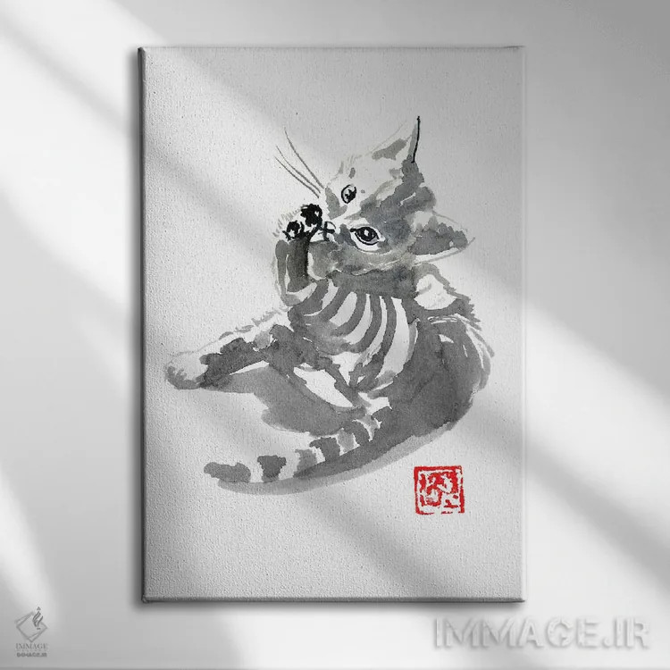 تابلو دکوراتیو شستن بچه گربه اثر پشان - نمای روبهرو روی دیوار