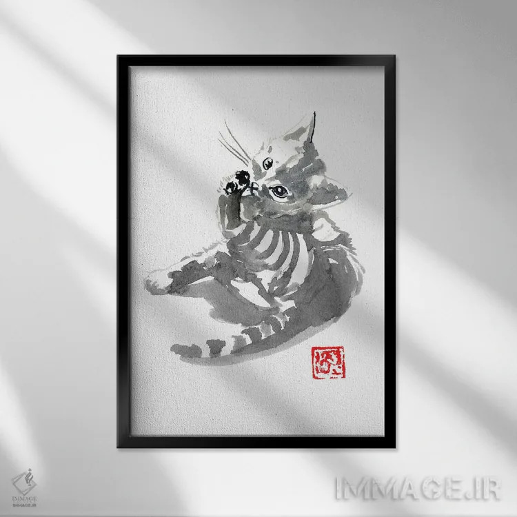 تابلو دکوراتیو شستن بچه گربه اثر پشان - نمای قابدار مشکی