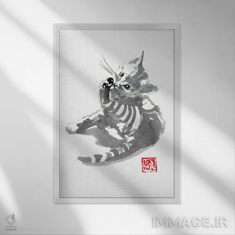 تابلو دکوراتیو شستن بچه گربه اثر پشان - نمای قابدار سفید