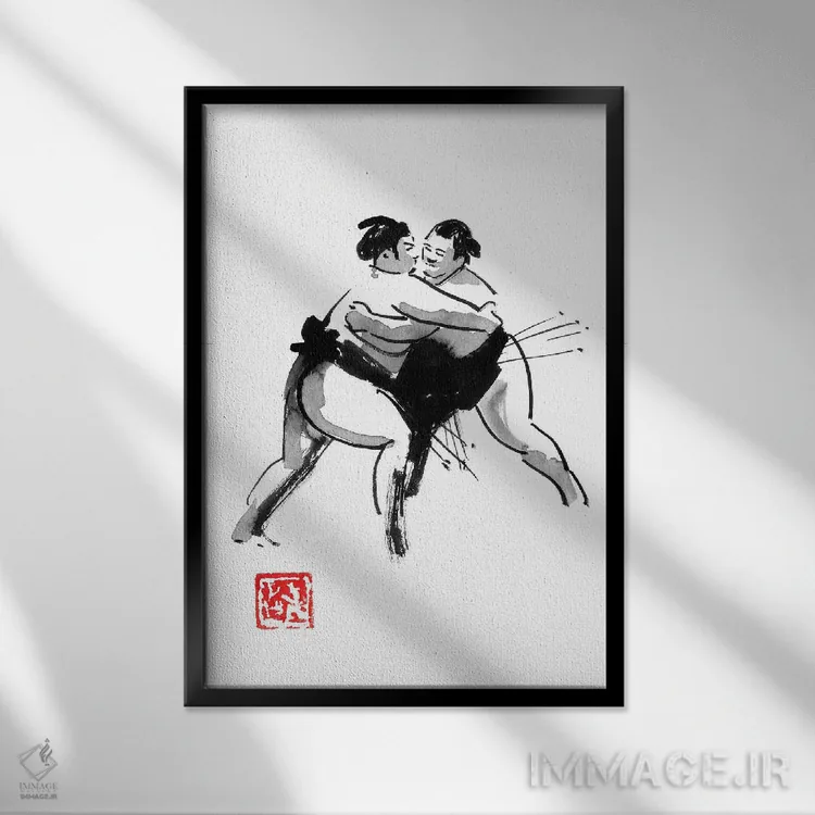 تابلو دکوراتیو کشتی گیر اثر پشان - نمای قابدار مشکی