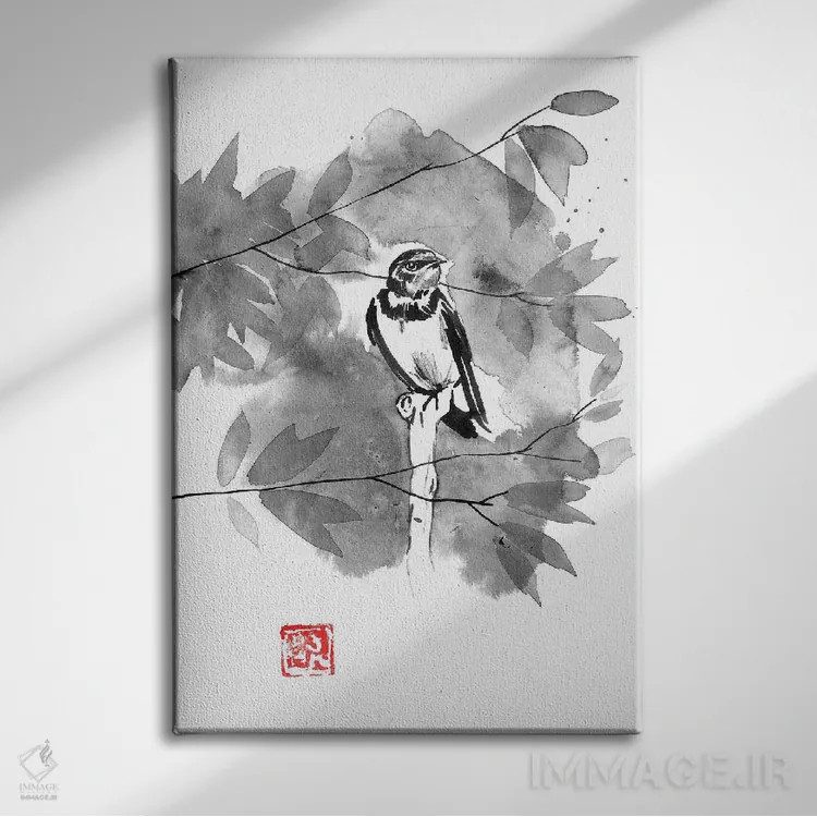 تابلو دکوراتیو پرنده ای در درخت اثر پشان - نمای روبهرو روی دیوار