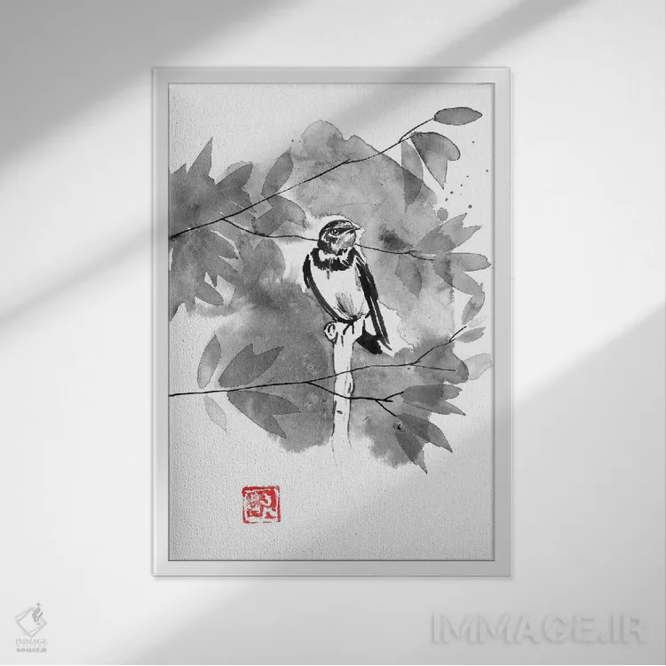 تابلو دکوراتیو پرنده ای در درخت اثر پشان - نمای قابدار سفید