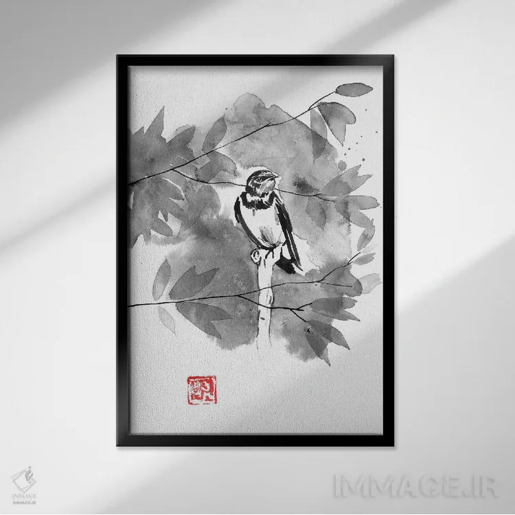 تابلو دکوراتیو پرنده ای در درخت اثر پشان - نمای قابدار مشکی