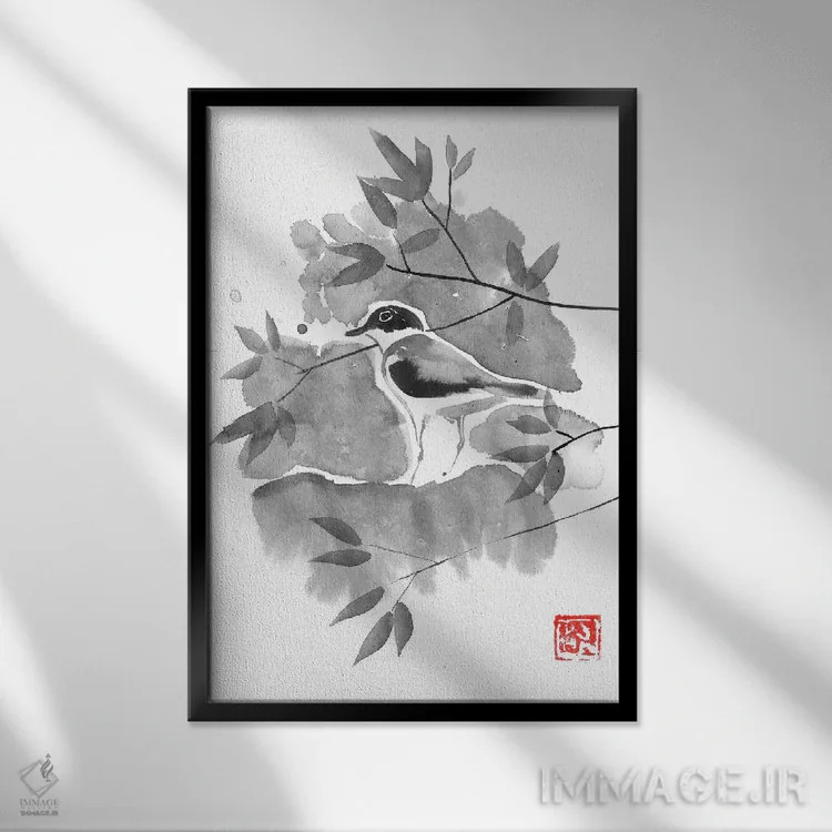 تابلو دکوراتیو پرنده ای در درخت II اثر پشان - نمای قابدار مشکی
