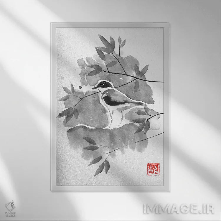 تابلو دکوراتیو پرنده ای در درخت II اثر پشان - نمای قابدار سفید