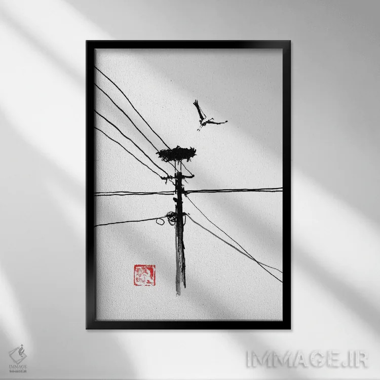تابلو دکوراتیو پرواز در حال پرواز لک لک اثر پشان - نمای قابدار مشکی