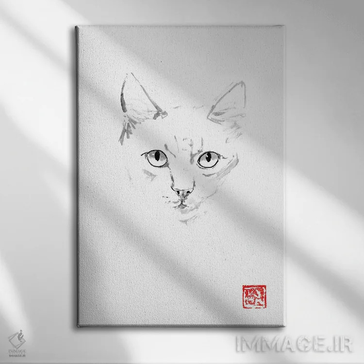 تابلو مینیمال گربه زنجبیلی اثر پشان - نمای روبهرو روی دیوار