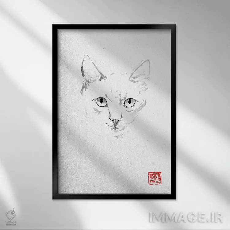 تابلو مینیمال گربه زنجبیلی اثر پشان - نمای قابدار مشکی