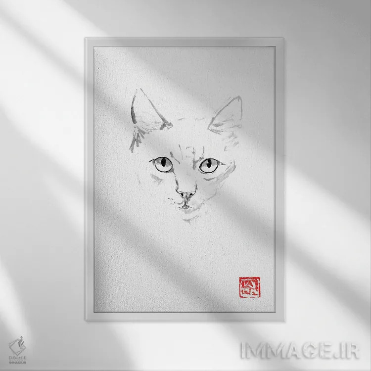 تابلو مینیمال گربه زنجبیلی اثر پشان - نمای قابدار سفید