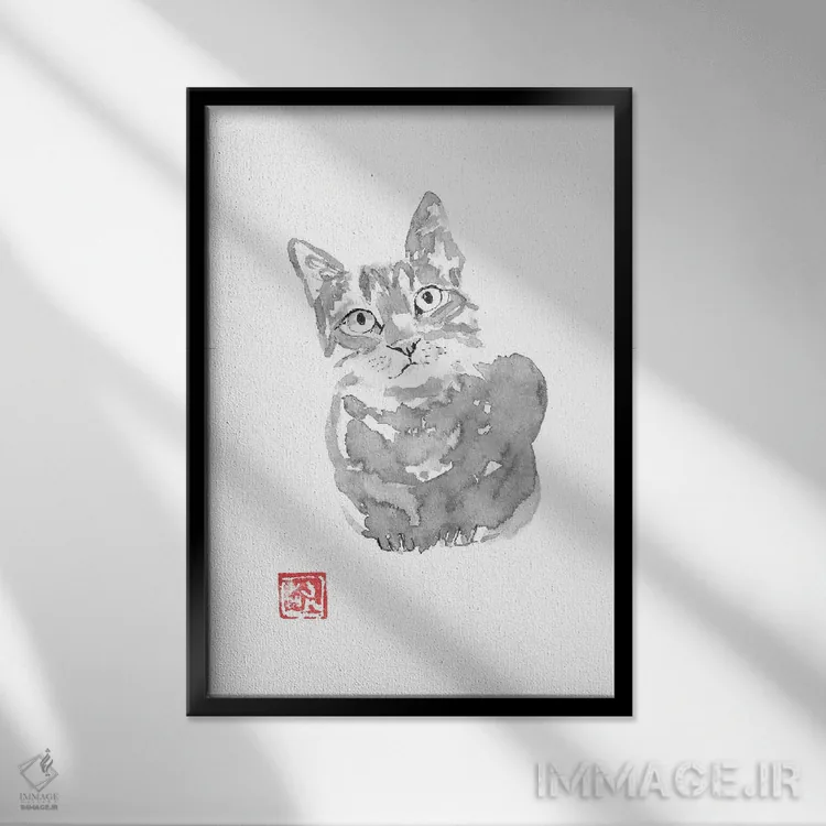 تابلو دکوراتیو گربه خاکی اثر پشان - نمای قابدار مشکی