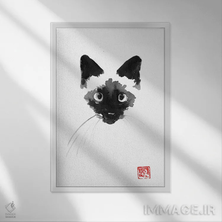 تابلو مینیمال گربه سیامی اثر پشان - نمای قابدار سفید