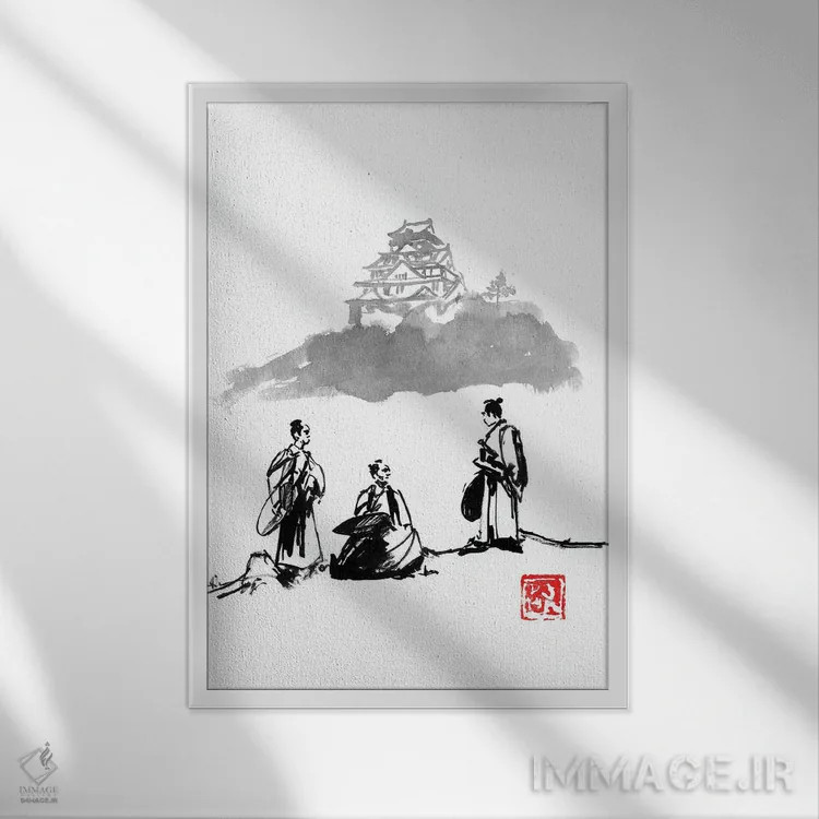 تابلو دکوراتیو سه سامورایی اثر پشان - نمای قابدار سفید