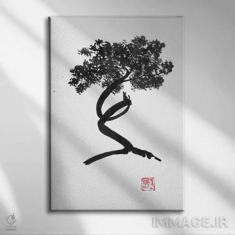 تابلو مینیمال درخت پیچ خورده اثر پشان - نمای روبهرو روی دیوار