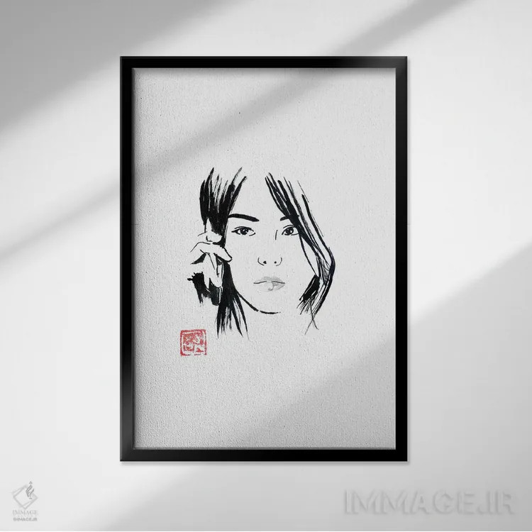 تابلو دکوراتیو زن چینی در حال تماس تلفنی اثر پشان - نمای قابدار مشکی